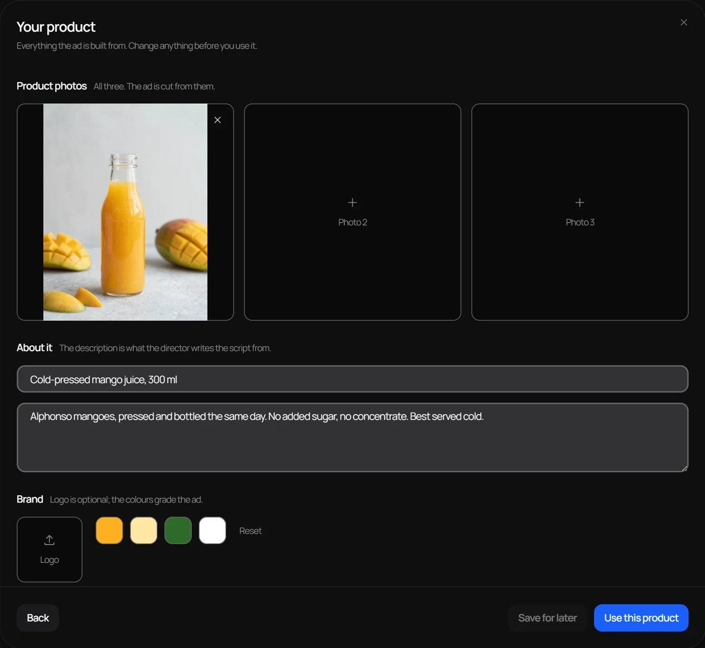 The Ad Studio product editor: photos, name, description and brand colours, checked before anything is generated