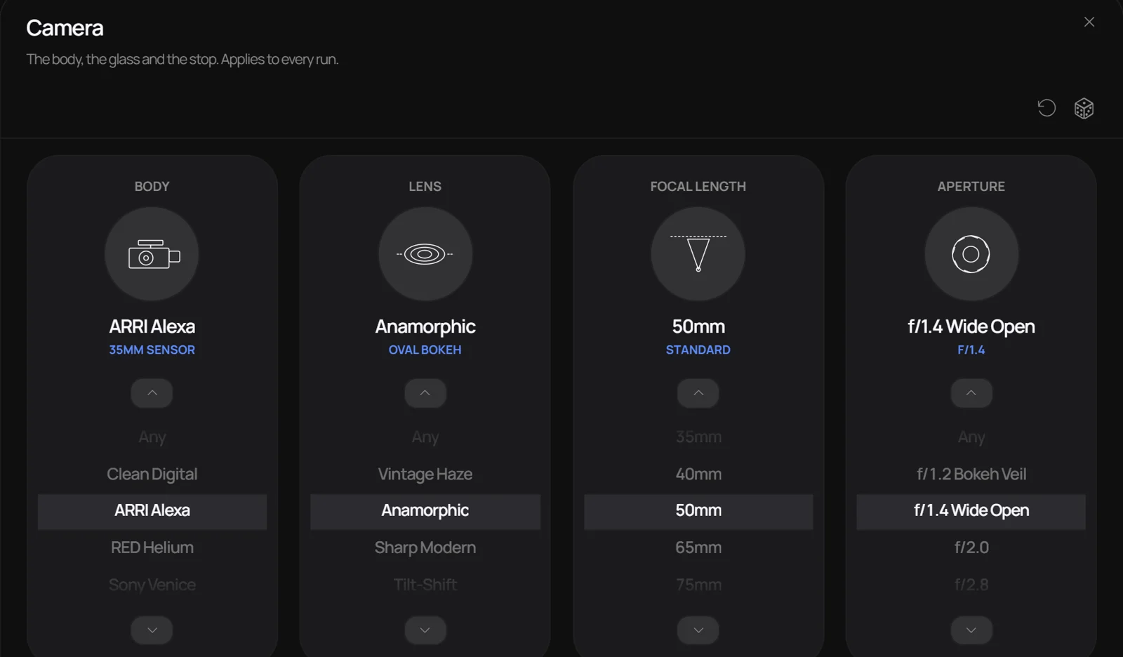 The Film Labs Camera panel: body, lens, focal length and aperture, each on its own wheel