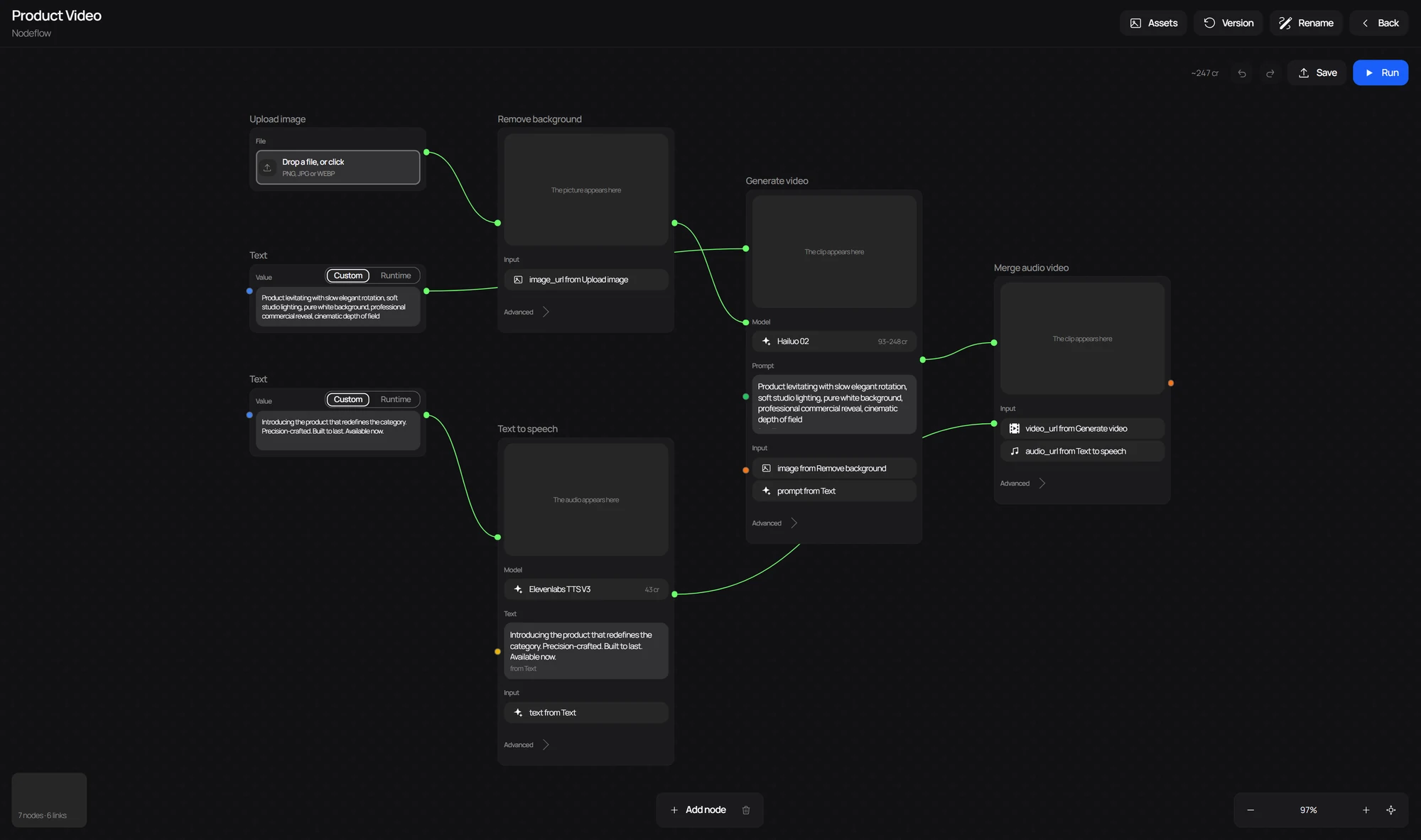 The Nodeflow canvas with the Product Video template open: upload, background removal, text to speech and video generation wired into a merge, with the estimate beside Run