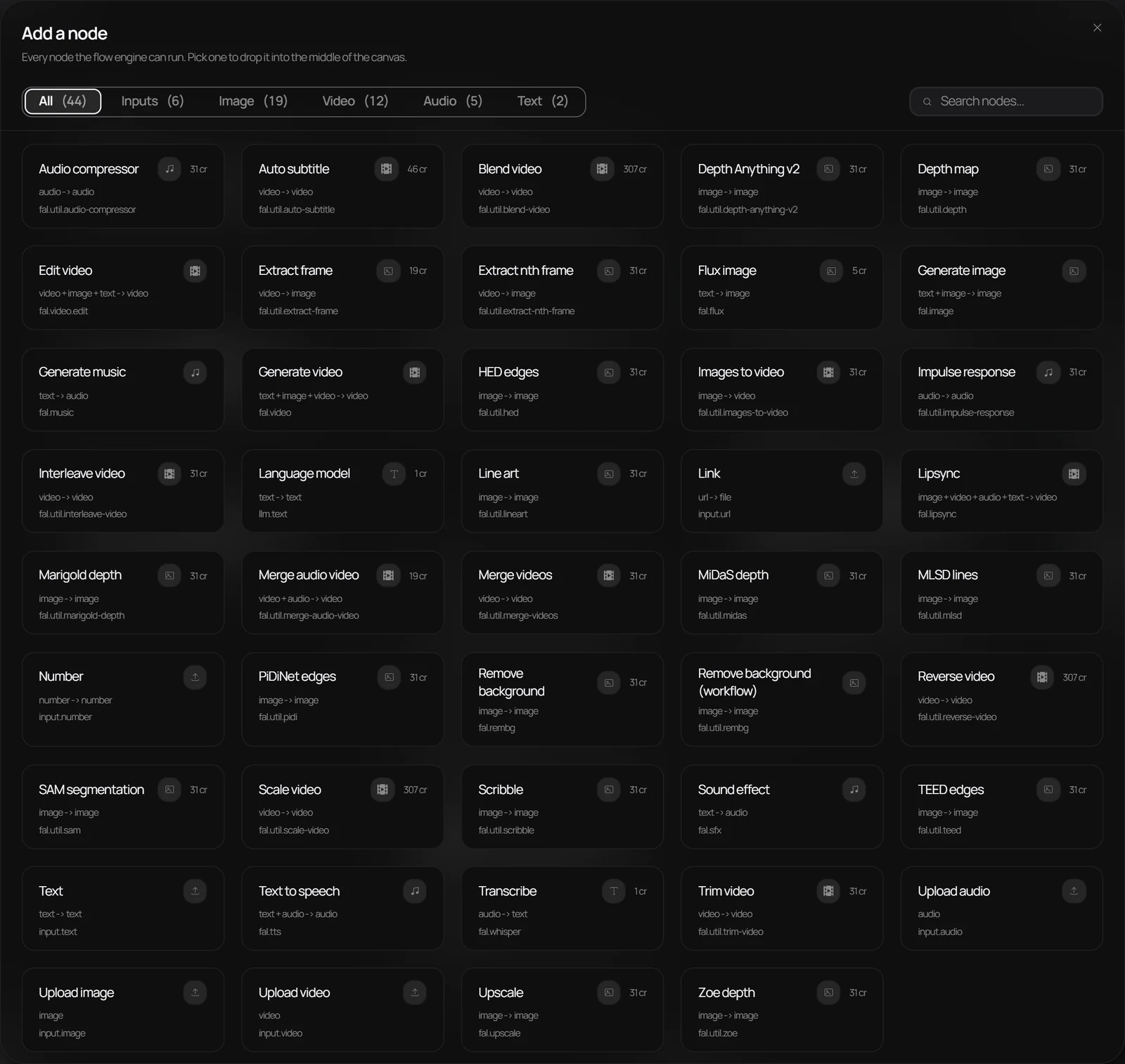 The Add a node panel, listing the engine's nodes under Inputs, Image, Video, Audio and Text with each one's inputs, output and credit cost