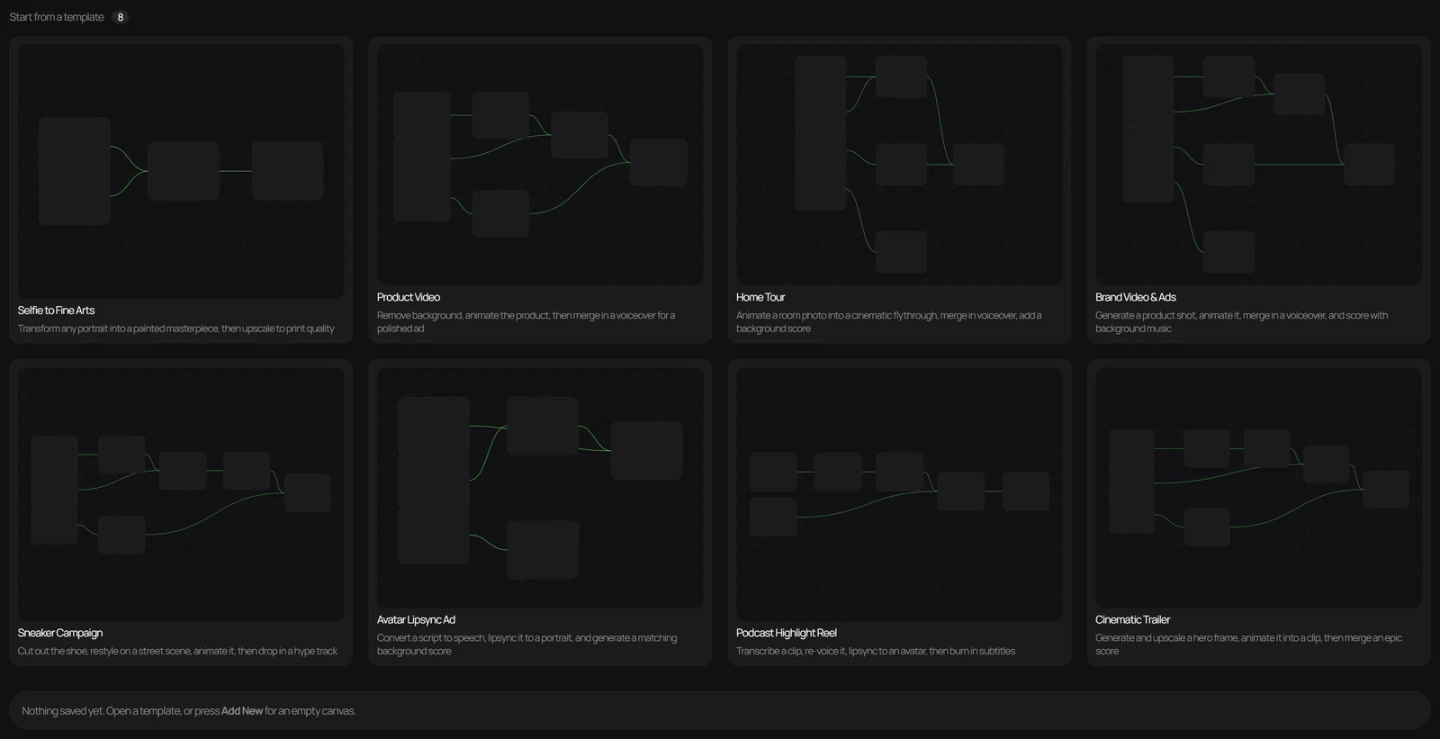 The Nodeflow template gallery: eight starter flows, each drawn as its own graph