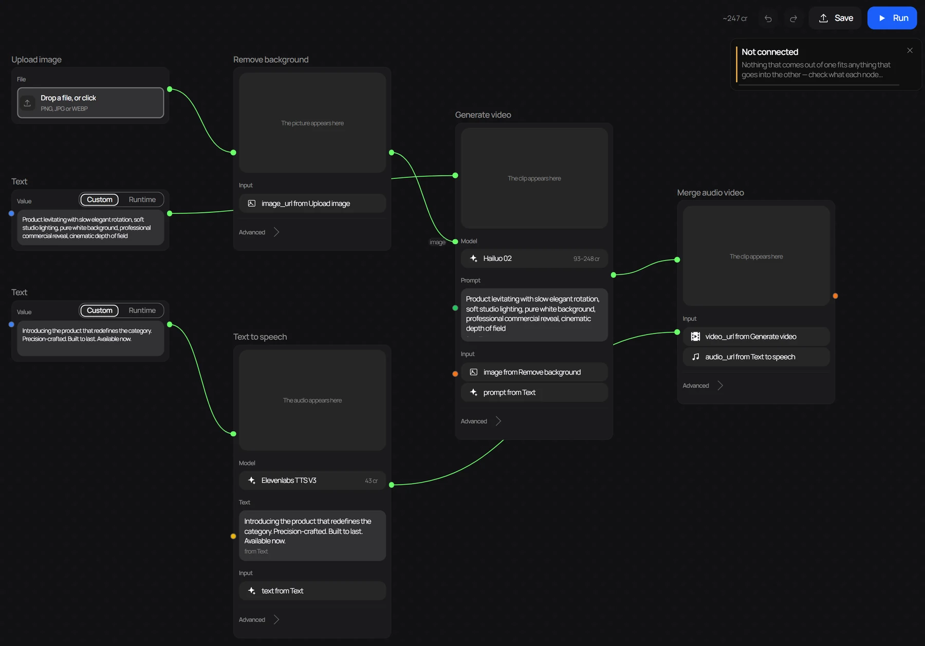 The Product Video flow just after a refused wire: an audio output dropped on a video node's image input, and the Not connected notice saying why