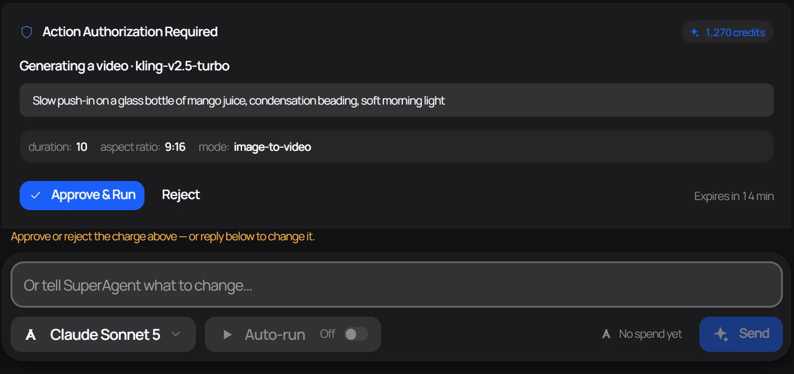 An approval card naming the video model and its 1,270-credit cost, with Approve and Reject