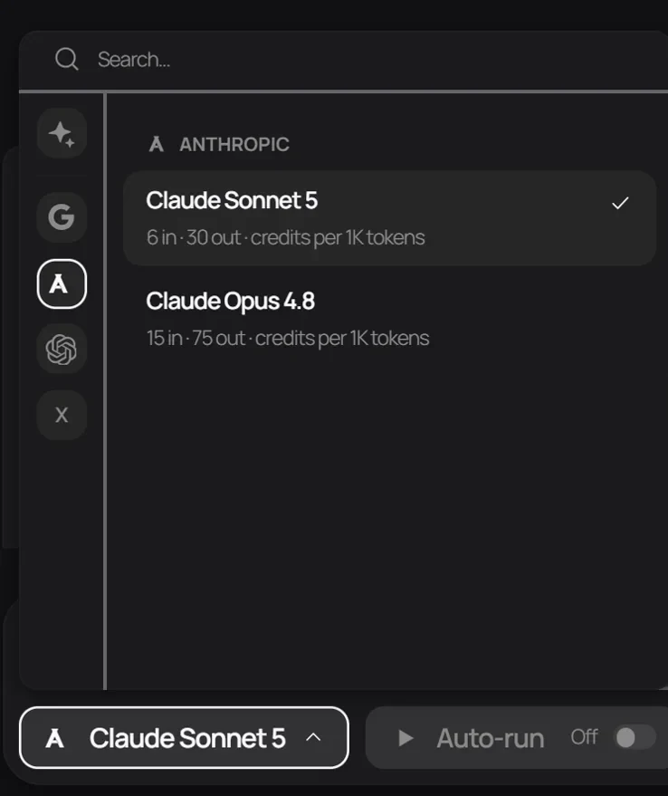 The model picker open over the composer, each model quoted in credits per thousand tokens in and out